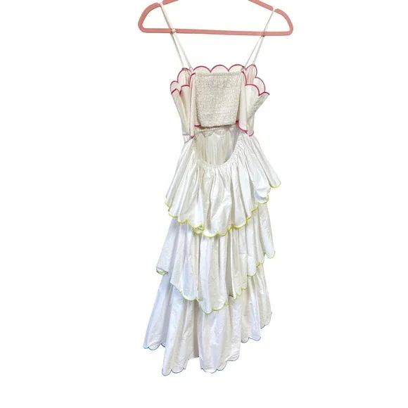 English Factory White Scalloped Tiered Midi Dress Multi Color Trim Whimsical XS - Picture 4 of 9